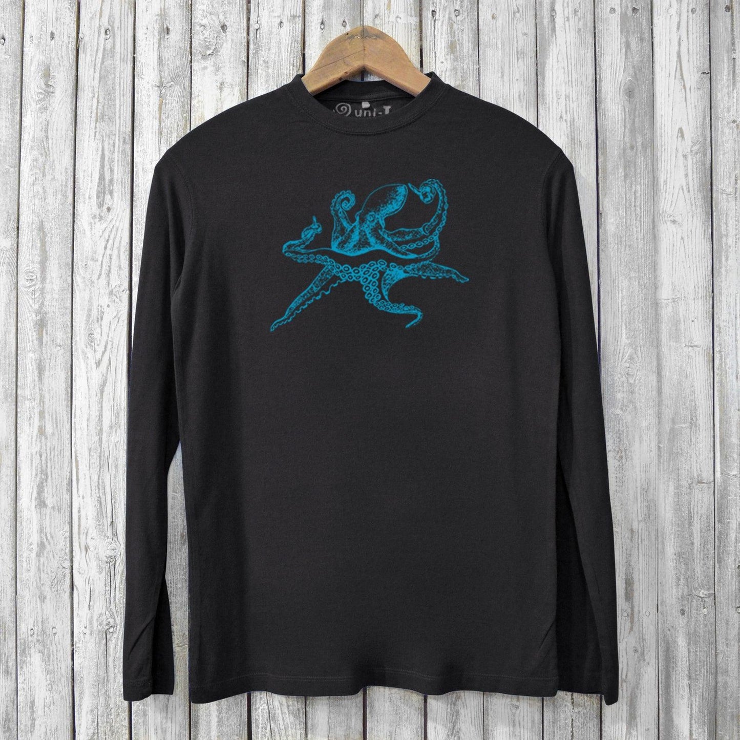 Black bamboo and organic cotton men’s long sleeve T-shirt featuring a vibrant blue octopus design. Stylish Octopus Long Sleeve T-shirts for ocean lovers.