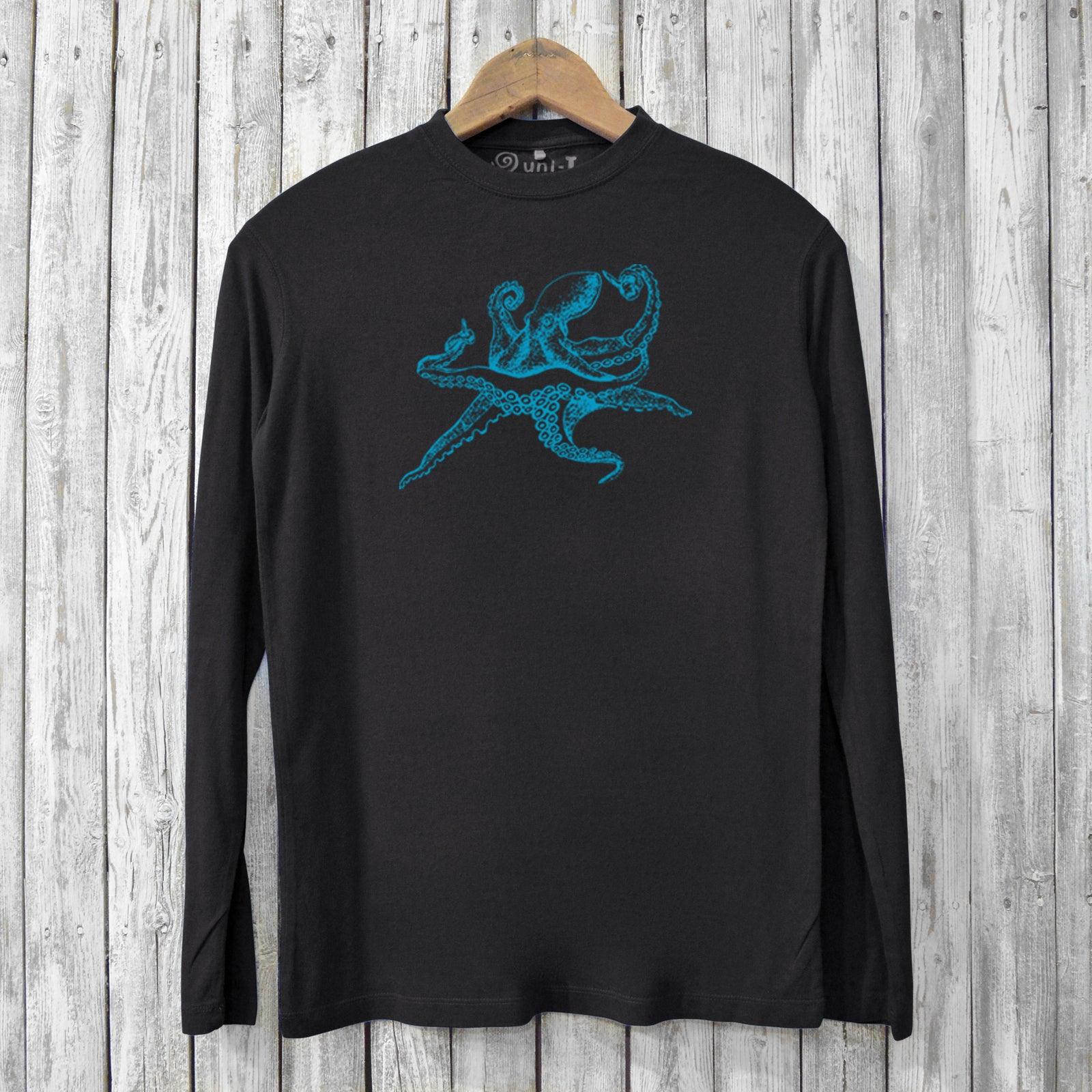 Black bamboo and organic cotton men’s long sleeve T-shirt featuring a vibrant blue octopus design. Stylish Octopus Long Sleeve T-shirts for ocean lovers.