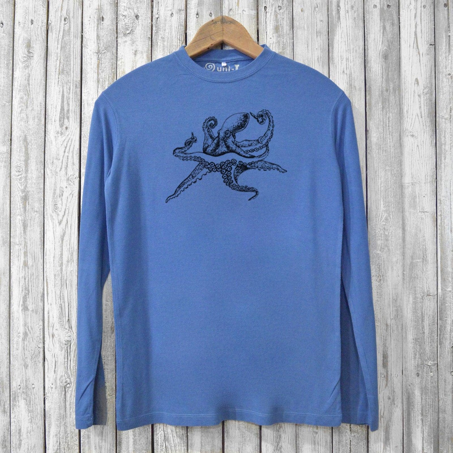 Blue men’s long sleeve bamboo and organic cotton T-shirt with black octopus print. Sustainable Octopus Long Sleeve T-shirts for eco-conscious fashion.