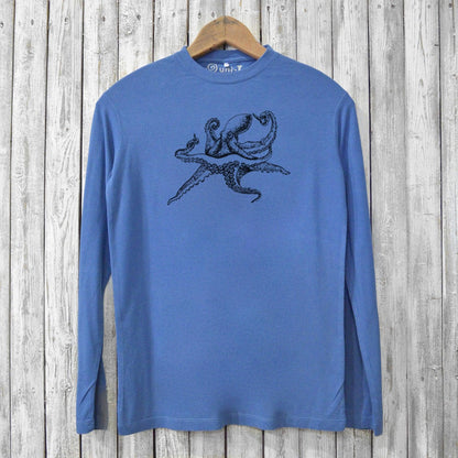 Blue men’s long sleeve bamboo and organic cotton T-shirt with black octopus print. Sustainable Octopus Long Sleeve T-shirts for eco-conscious fashion.