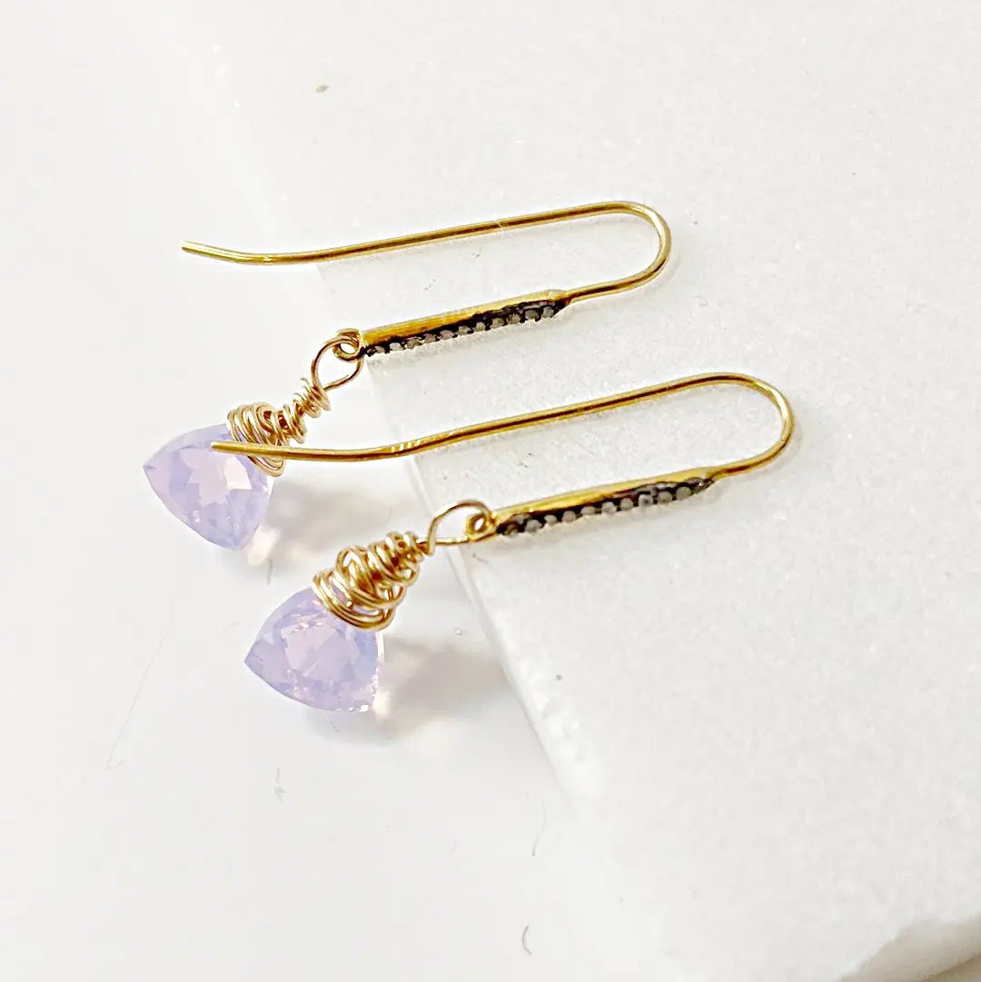 Opalite Quartz Earrings - Drop Earrings with faceted lavender opalite stones, gold filled wire wrap, and moonstone accents on white background.