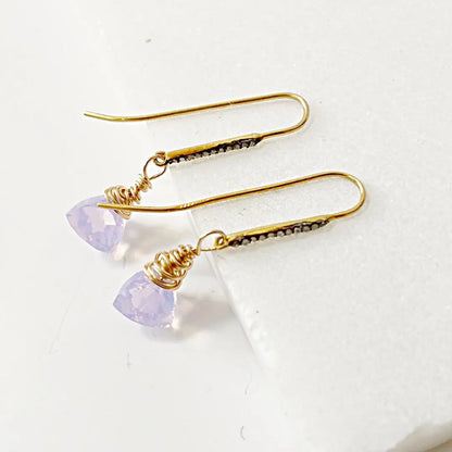 Opalite Quartz Earrings - Drop Earrings with faceted lavender opalite stones, gold filled wire wrap, and moonstone accents on white background.