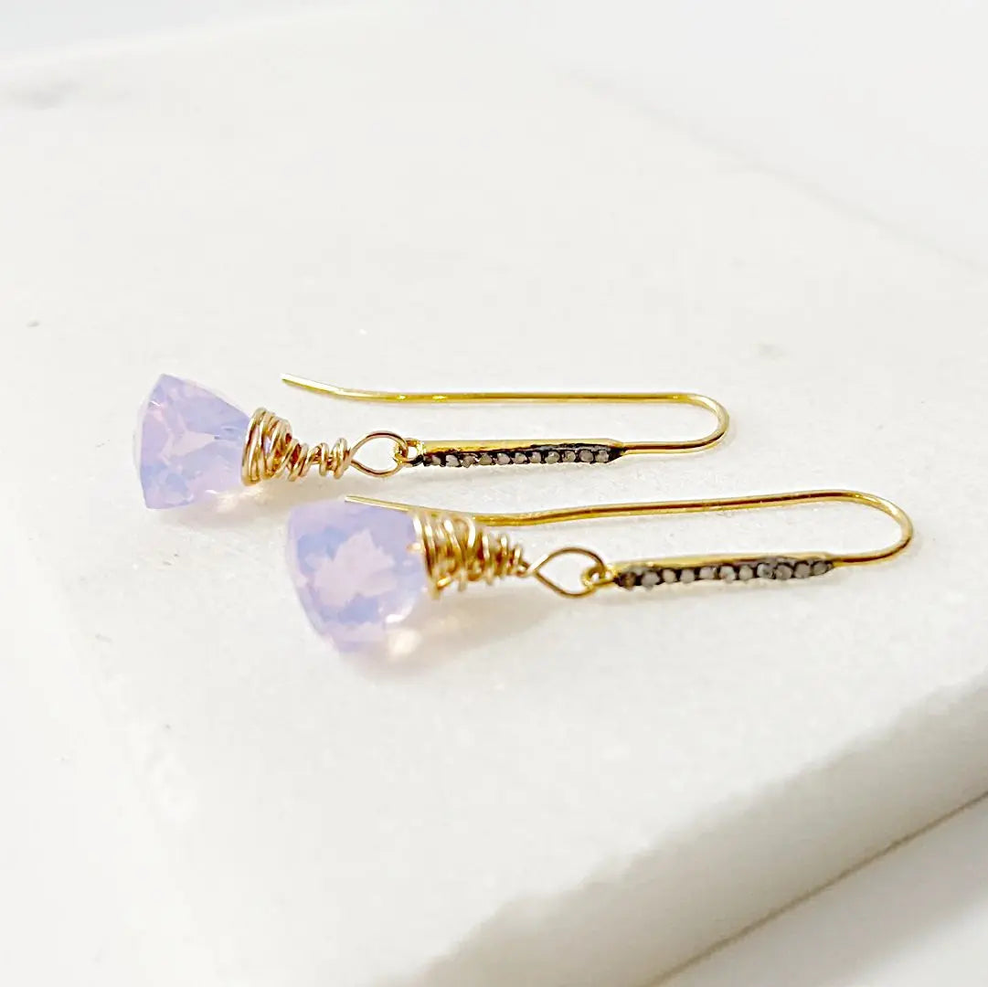 Elegant Opalite Quartz Drop Earrings featuring gold filled hooks, moonstone inlay, and light purple quartz drops, ideal for gifting or accessorizing.