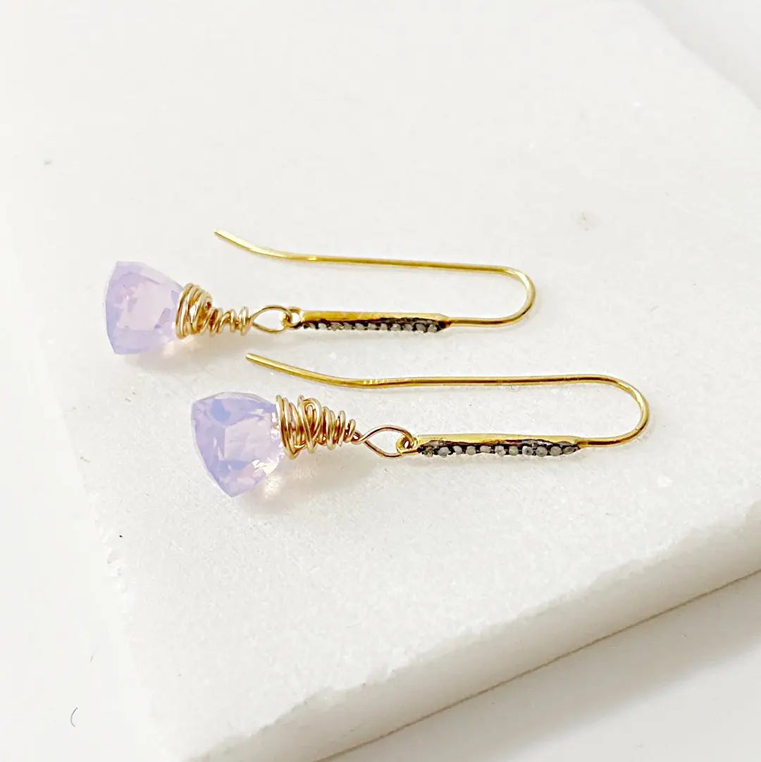 Side view of Opalite Quartz Drop Earrings with gold filled hooks and faceted opalite stones, perfect for elegant and minimalist jewelry lovers.