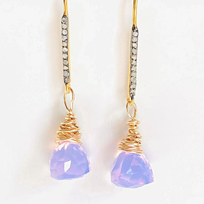 Front view of Opalite Quartz Earrings - Drop Earrings with gold wire wrap and moonstone detailing, highlighting the soft lavender gemstone sparkle.