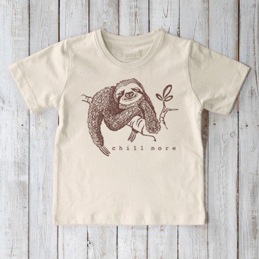 Kids' Sloth Organic Cotton T-Shirt in cream with cute 'chill more' sloth graphic. Eco-friendly animal tee for children by Uni-T.