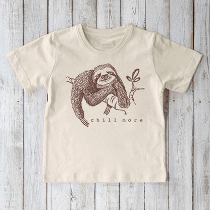 Kids' Sloth Organic Cotton T-Shirt in cream with cute 'chill more' sloth graphic. Eco-friendly animal tee for children by Uni-T.