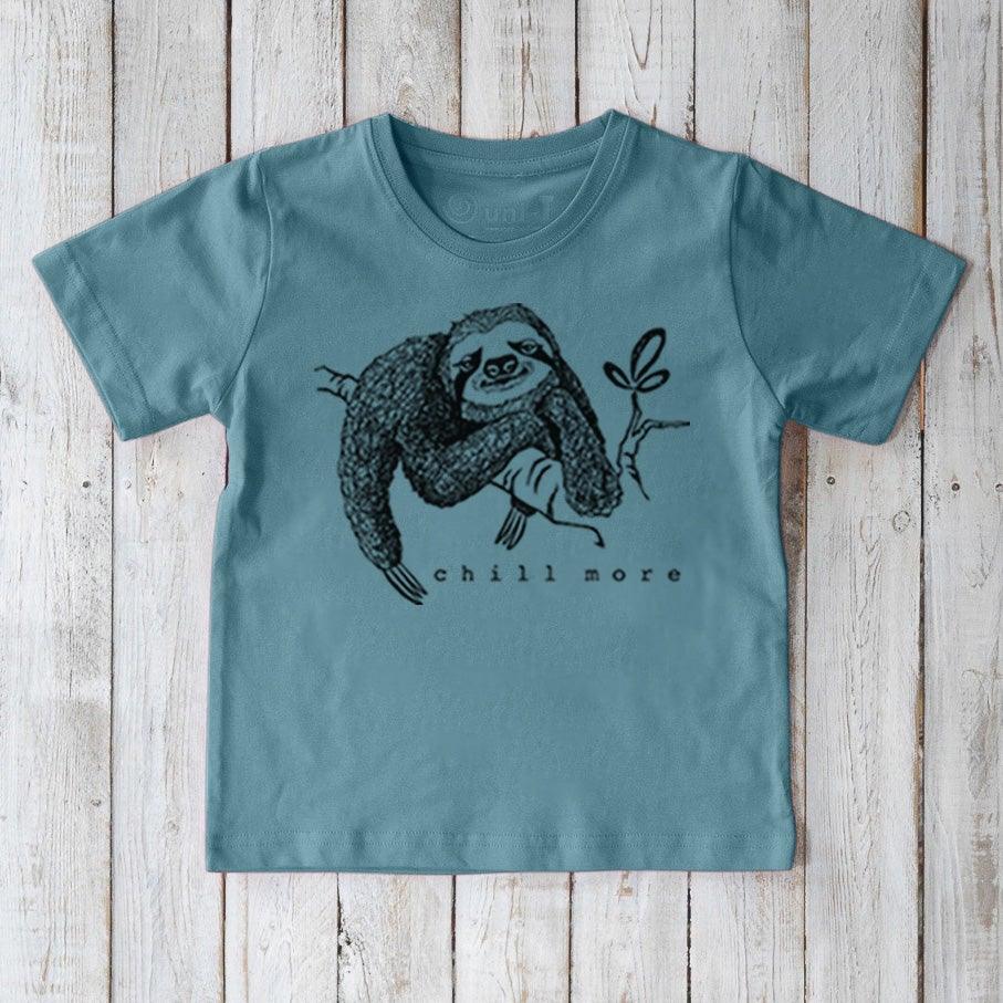 Blue Kids' Organic Cotton T-Shirt with adorable sloth hanging on a branch and 'chill more' slogan. Eco-conscious animal tee by Uni-T.