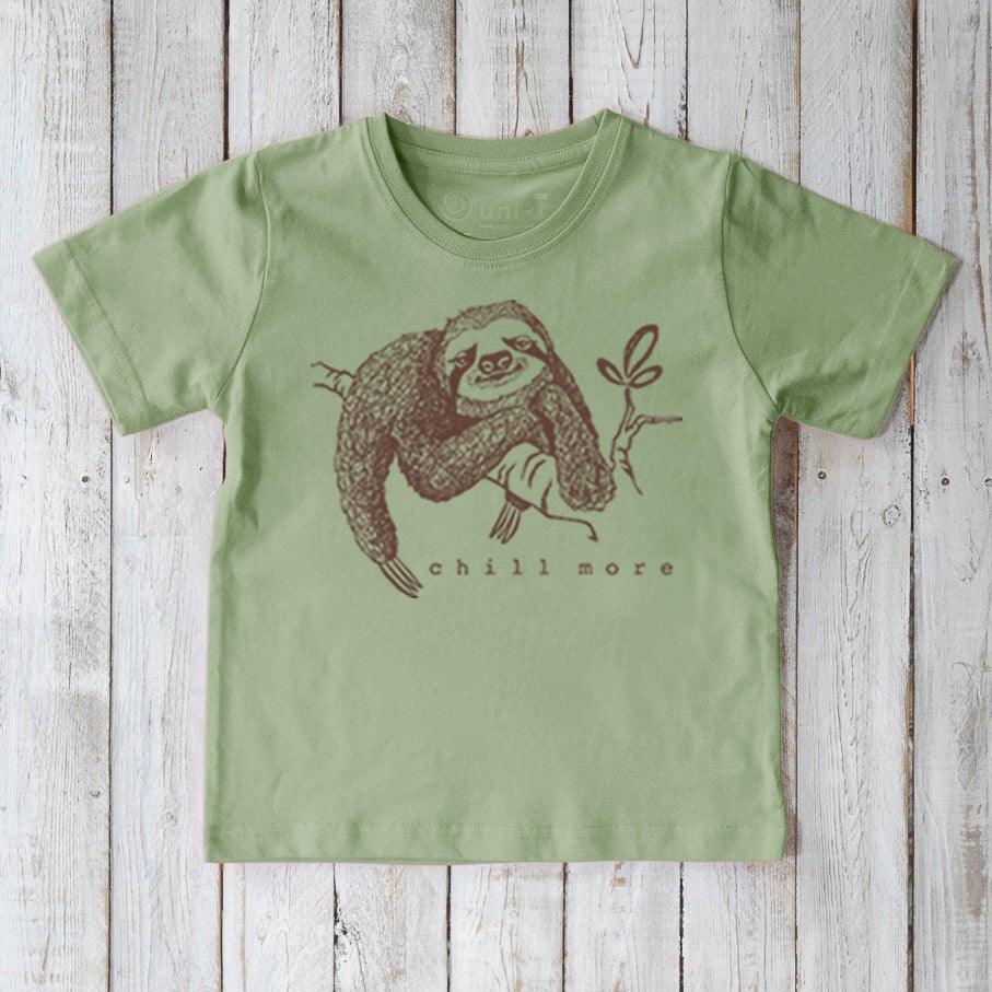 Green Kids' Sloth Organic Cotton T-Shirt with cute wildlife print and 'chill more' message. Sustainable and playful top for children.