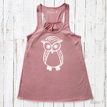 Mauve Owl Flowy Tank Top for Women featuring a white owl graphic on soft poly-viscose blend. Lightweight racerback style ideal for casual wear.