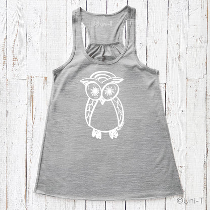 Heather gray Owl Flowy Tank Top for Women with white owl design. Relaxed fit and racerback cut made from soft poly-viscose blend.
