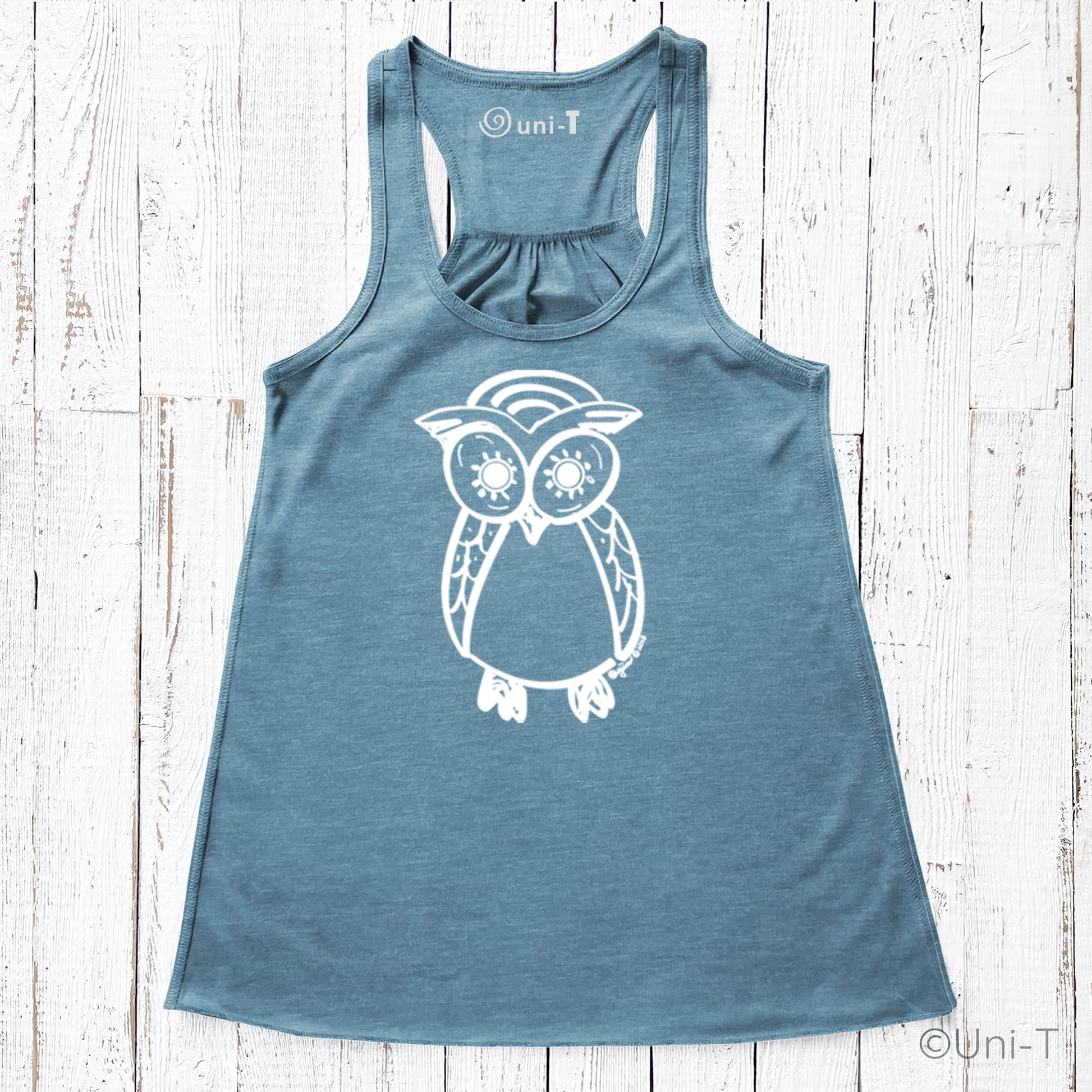 Teal Owl Flowy Tank Top for Women with white owl print. Embrace wisdom and comfort in this soft, breathable racerback tank top.