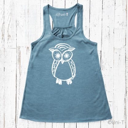 Teal Owl Flowy Tank Top for Women with white owl print. Embrace wisdom and comfort in this soft, breathable racerback tank top.