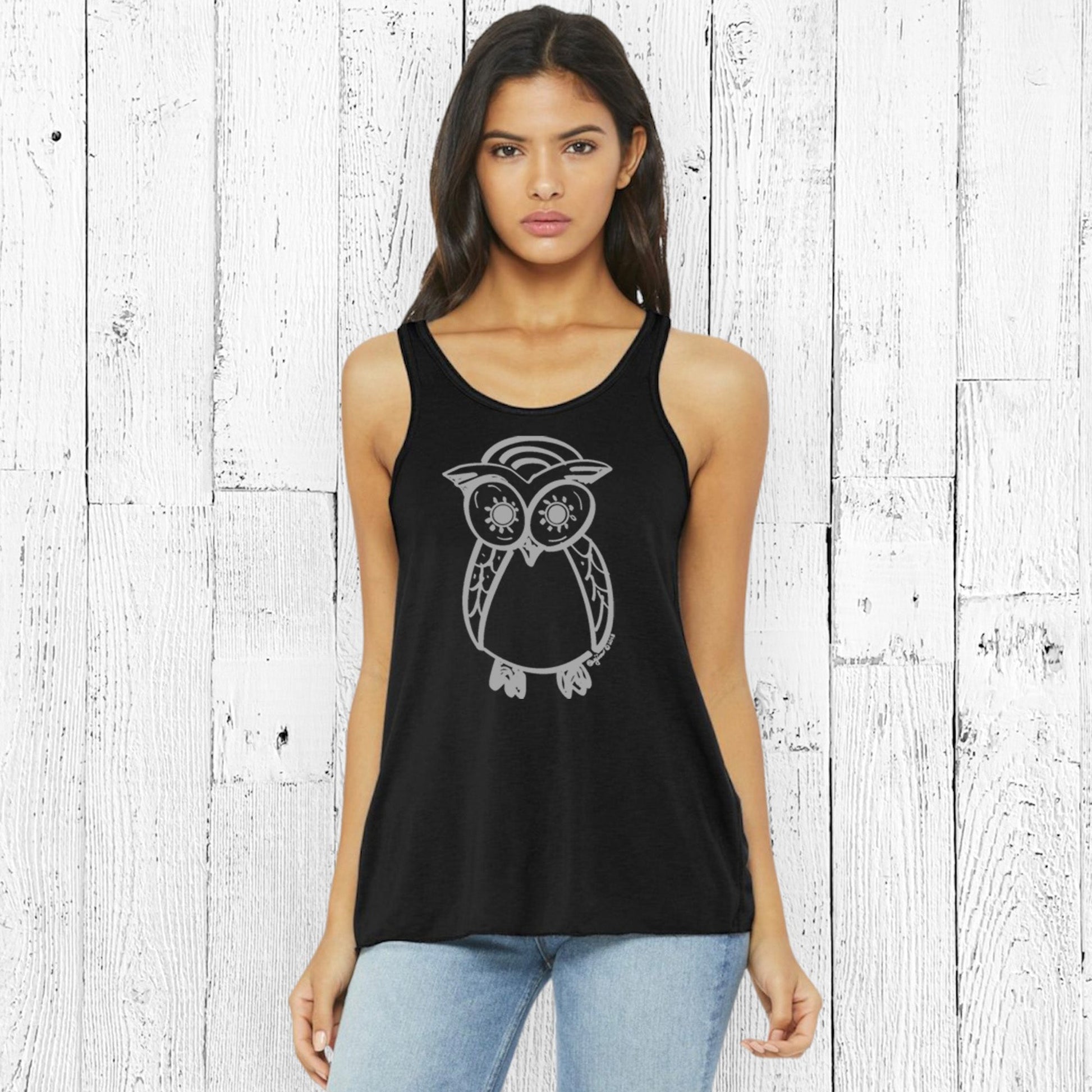 Black Owl Flowy Tank Top for Women modeled with gray owl graphic. Stylish and intuitive design in a soft, flowy silhouette.
