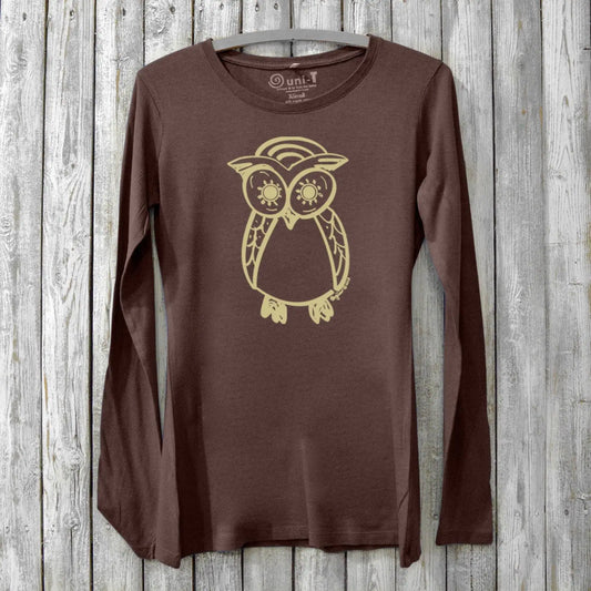Owl long sleeve t-shirt women in dark brown with bamboo wildlife design. Eco-friendly organic cotton top for bird lovers and nature enthusiasts.