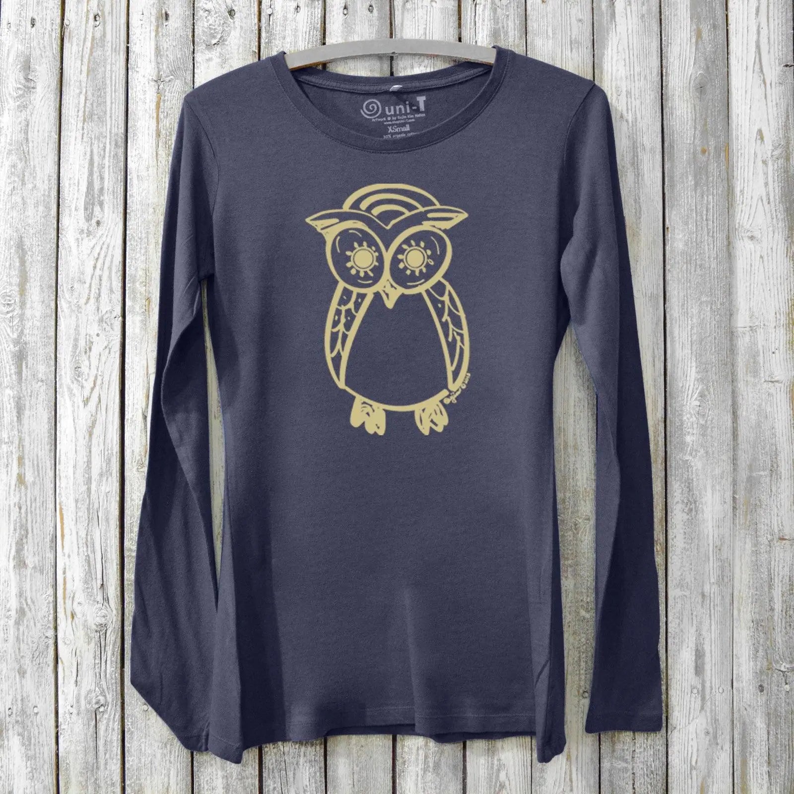 Navy owl long sleeve t-shirt women’s bamboo organic cotton top. Stylish bird lover apparel with detailed wildlife owl print for nature fans.