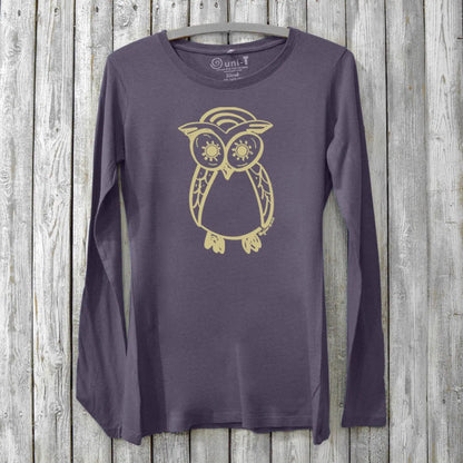 Dark purple owl long sleeve t-shirt for women crafted from bamboo and organic cotton. Elegant wildlife design perfect for eco-conscious bird lovers.
