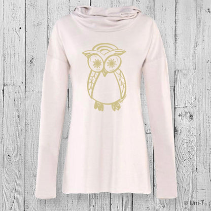 Owl Organic Cotton Cowl Neck Yoga Hoodie, Made in USA Uni-T