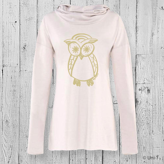 Owl Organic Cotton Cowl Neck Yoga Hoodie, Made in USA Uni-T