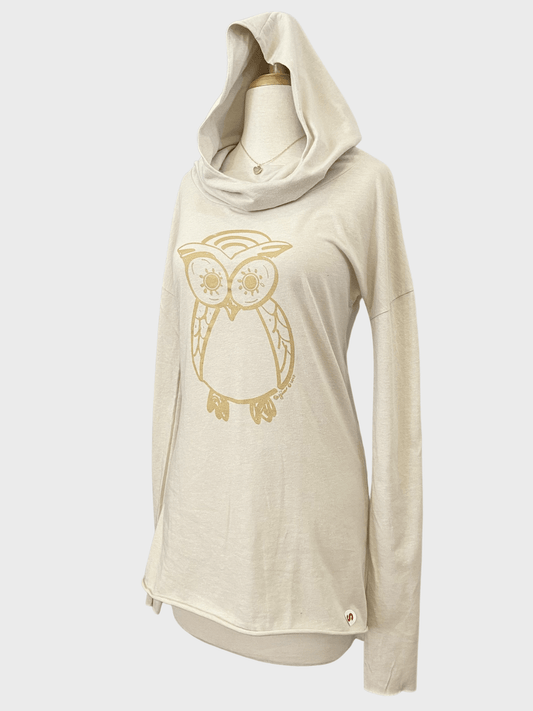 Owl Organic Cotton Cowl Neck Yoga Hoodie, Made in USA Uni-T