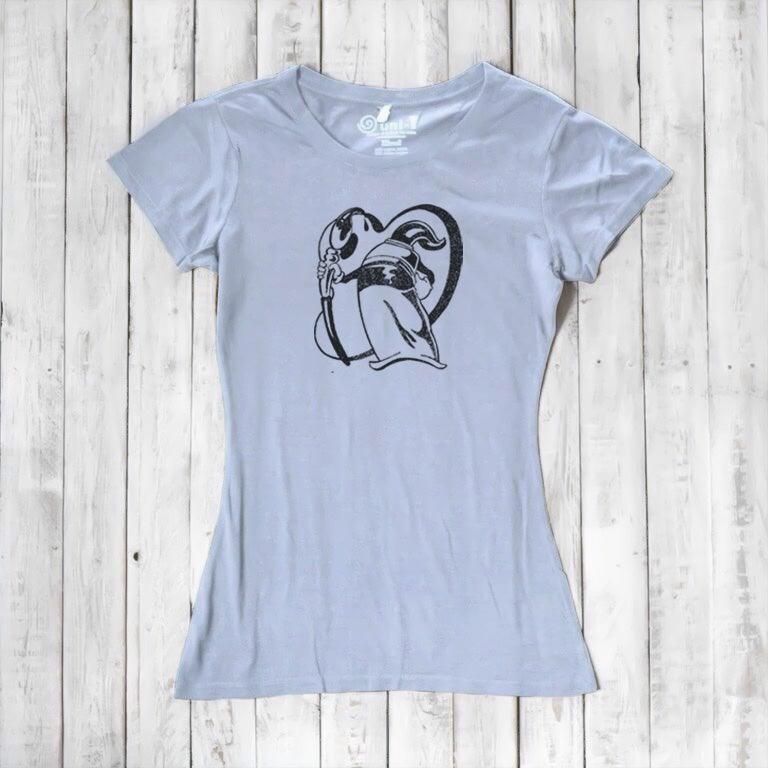 Women's artist t-shirt in light gray bamboo and organic cotton with 'Paint More' graphic by Eujin Kim Neilan. Eco-friendly gift for creatives.