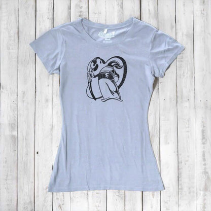 Women's artist t-shirt in light gray bamboo and organic cotton with 'Paint More' graphic by Eujin Kim Neilan. Eco-friendly gift for creatives.