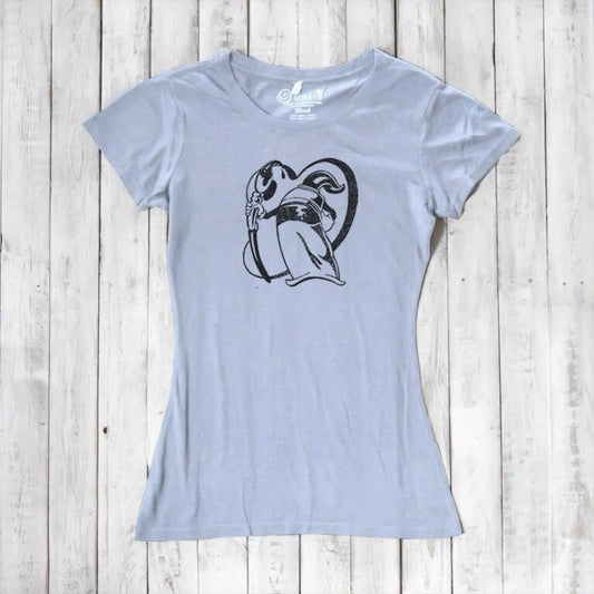 Women's artist t-shirt in light gray bamboo and organic cotton with 'Paint More' graphic by Eujin Kim Neilan. Eco-friendly gift for creatives.