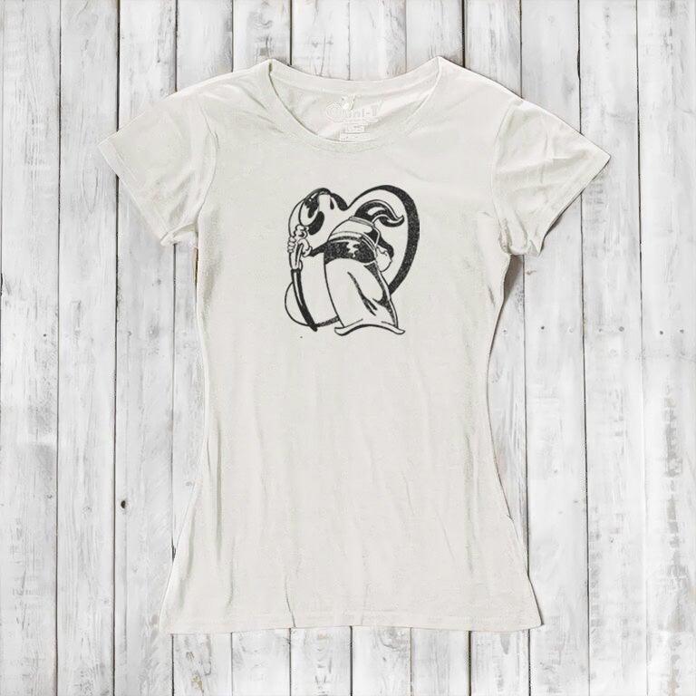 Sustainable ivory women's t-shirt featuring Uni-T's 'Paint More' artwork by Eujin Kim Neilan. Soft bamboo and organic cotton blend.