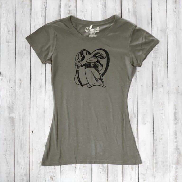 Olive green bamboo and organic cotton women's tee with artistic 'Paint More' print by Eujin Kim Neilan. Ideal gift for artists and creators.
