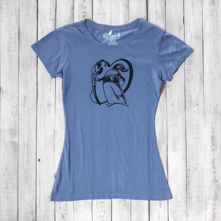 Blue women's graphic t-shirt in bamboo and organic cotton with 'Paint More' design by Eujin Kim Neilan. Comfortable and eco-conscious apparel.