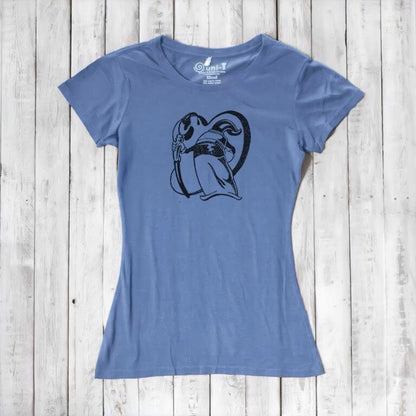 Blue women's graphic t-shirt in bamboo and organic cotton with 'Paint More' design by Eujin Kim Neilan. Comfortable and eco-conscious apparel.