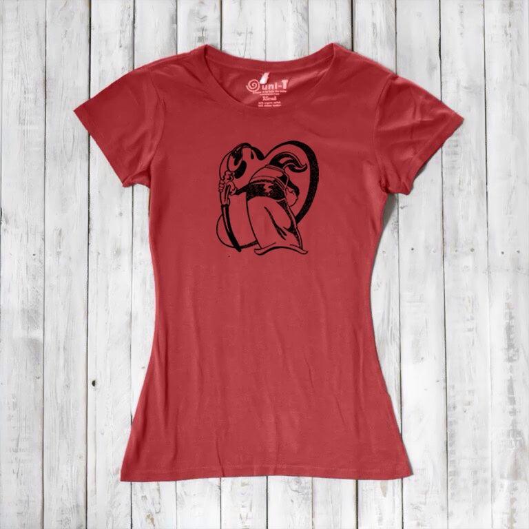 Red bamboo and organic cotton women's t-shirt with artistic 'Paint More' print by Eujin Kim Neilan. Creative and sustainable fashion gift.