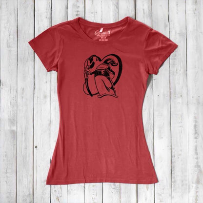 Red bamboo and organic cotton women's t-shirt with artistic 'Paint More' print by Eujin Kim Neilan. Creative and sustainable fashion gift.