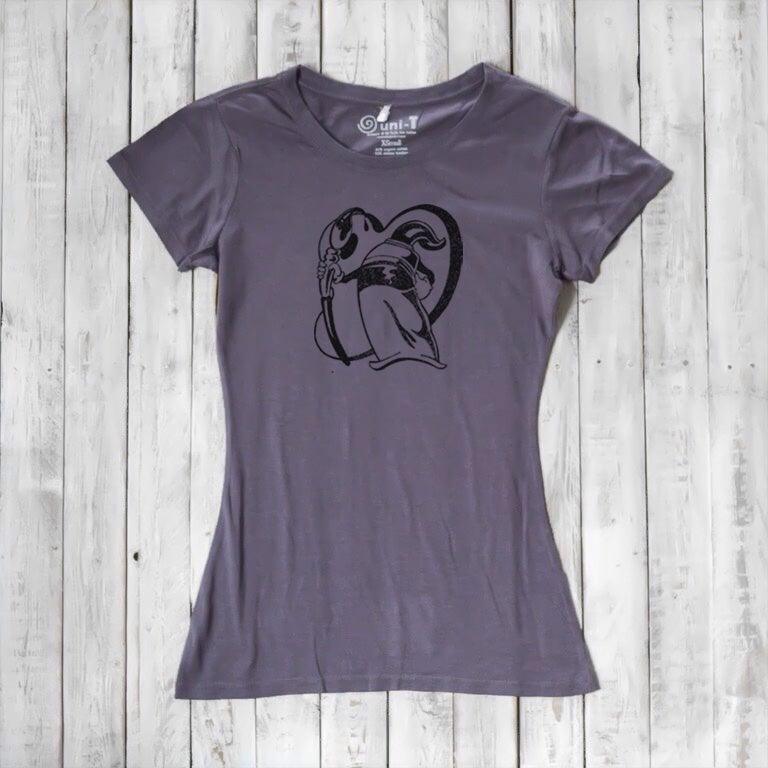 Plum purple women's bamboo and organic cotton tee with 'Paint More' design by Eujin Kim Neilan. Sustainable fashion for artists and dreamers.