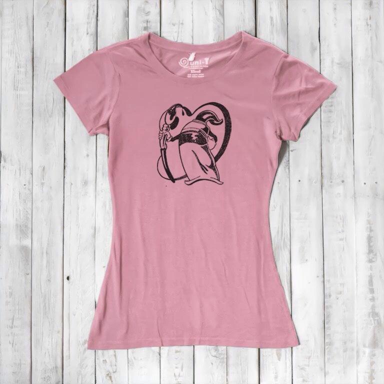 Pink bamboo and organic cotton women's t-shirt with 'Paint More' artwork by Eujin Kim Neilan. Soft, artistic gift for creative women.