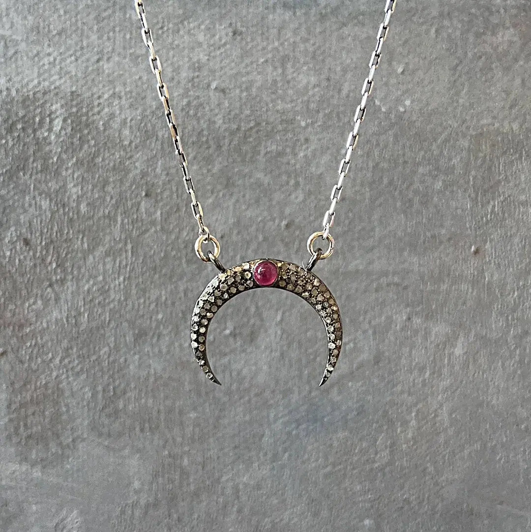 Antique sterling silver moonstone ruby necklace with crescent pendant, adorned with pave set stones and 16'' delicate chain.