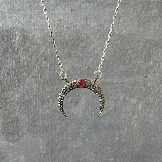 Antique sterling silver moonstone ruby necklace with crescent pendant, adorned with pave set stones and 16'' delicate chain.