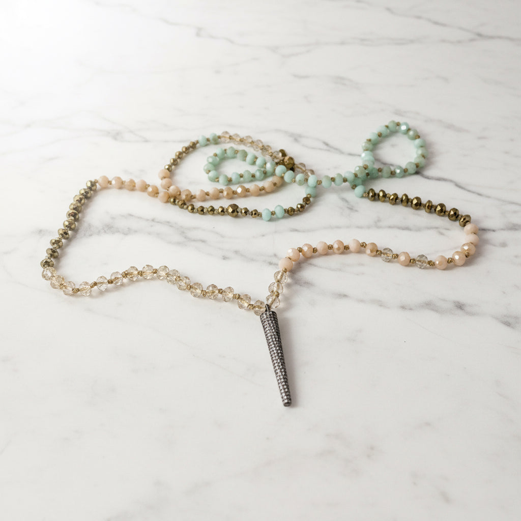 -Pave Spike Layering Necklace , Pave Spike and Crystal Layering Necklace in Gold and light Teal, Modern Necklacee Janine Gerade