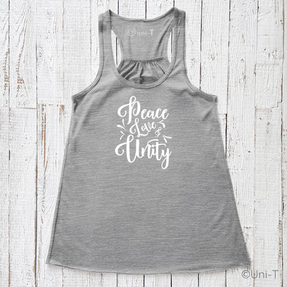 Gray "Peace Love Unity" Tank Top - Embrace Harmony with white print, racerback cut, laid flat on a textured white wood surface.