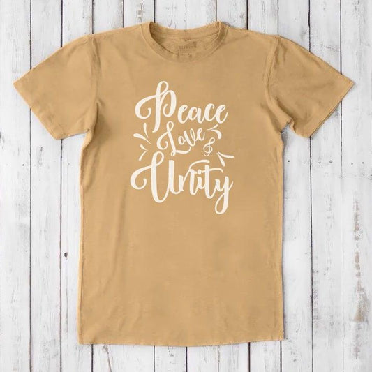 Men's Peace Love Unity T-Shirt in mustard yellow bamboo and organic cotton with white inspirational graphic text, eco-friendly gift for him.