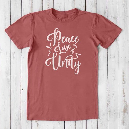 Men's Peace Love Unity T-Shirt in red-clay bamboo and organic cotton with bold white graphic, sustainable and positive message apparel.