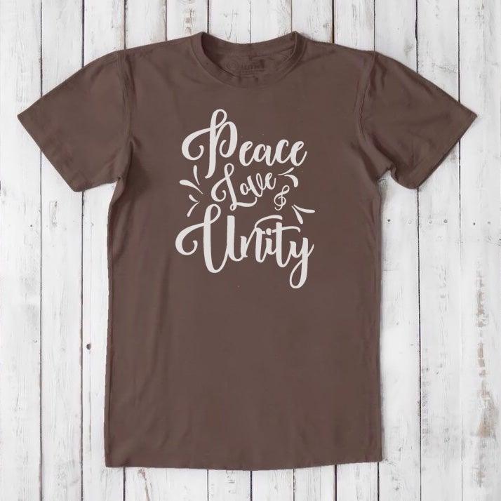 Men's Peace Love Unity T-Shirt in dark brown bamboo and organic cotton featuring white uplifting graphic, eco-conscious fashion statement.
