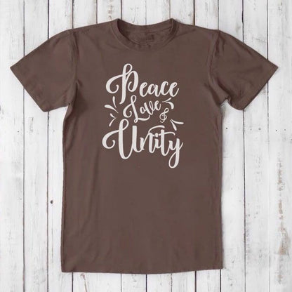 Men's Peace Love Unity T-Shirt in dark brown bamboo and organic cotton featuring white uplifting graphic, eco-conscious fashion statement.