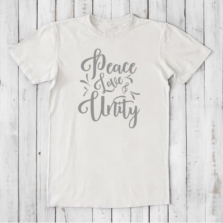 Men's Peace Love Unity T-Shirt in ivory bamboo and organic cotton with soft gray graphic, sustainable and meaningful gift for men.