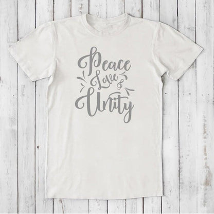 Men's Peace Love Unity T-Shirt in ivory bamboo and organic cotton with soft gray graphic, sustainable and meaningful gift for men.
