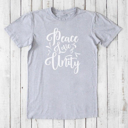 Men's Peace Love Unity T-Shirt in light gray bamboo and organic cotton with white graphic, casual eco-friendly tee with positive vibes.