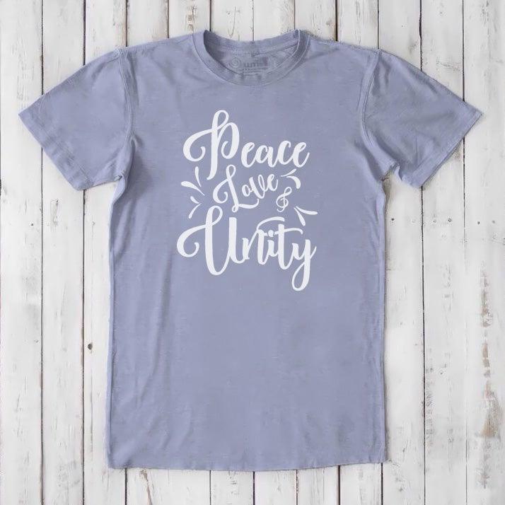 Men's Peace Love Unity T-Shirt in slate blue bamboo and organic cotton with white message print, ethical and stylish gift for him.