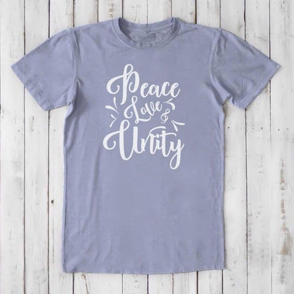 Men's Peace Love Unity T-Shirt in slate blue bamboo and organic cotton with white message print, ethical and stylish gift for him.