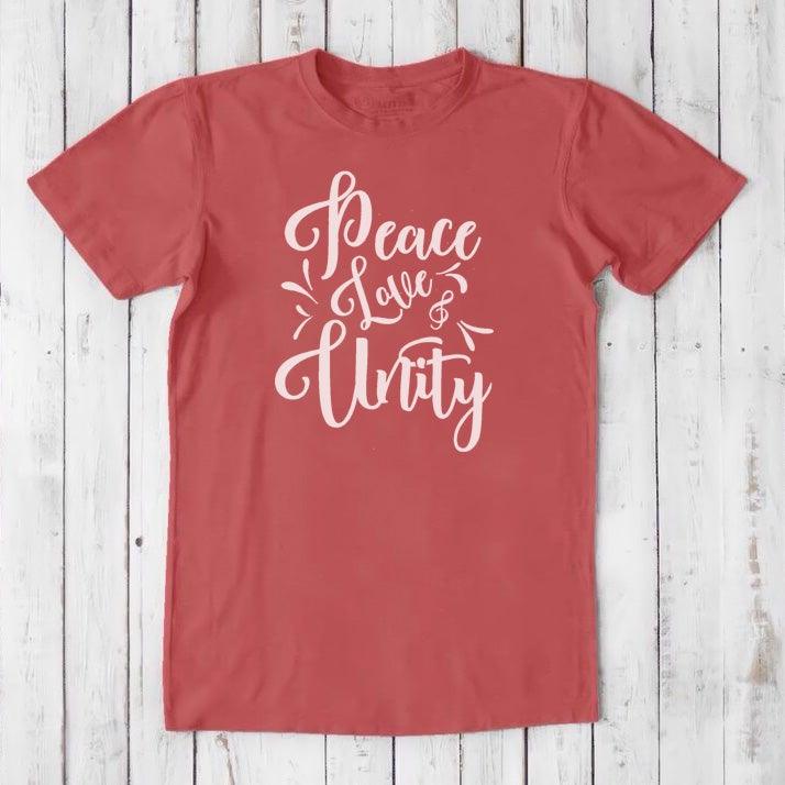 Men's Peace Love Unity T-Shirt in red bamboo and organic cotton with white graphic lettering, positive statement eco tee for men.