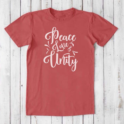 Men's Peace Love Unity T-Shirt in red bamboo and organic cotton with white graphic lettering, positive statement eco tee for men.